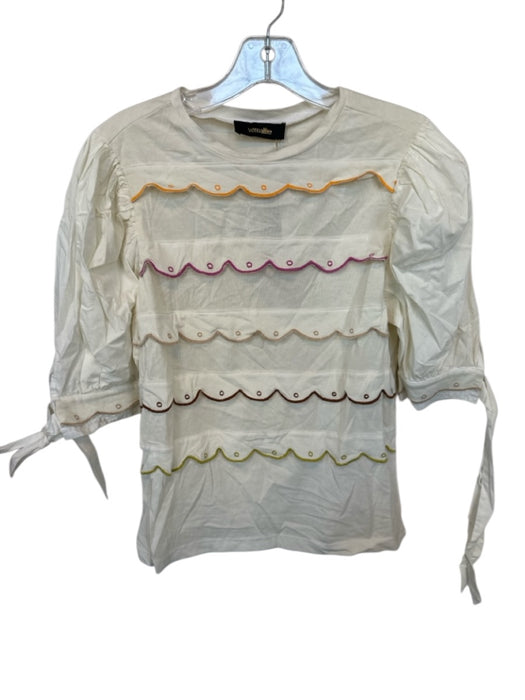 Veroalfie Size Est S Cream & Purple Cotton Blend Long Balloon Sleeve Top Cream & Purple / Est S