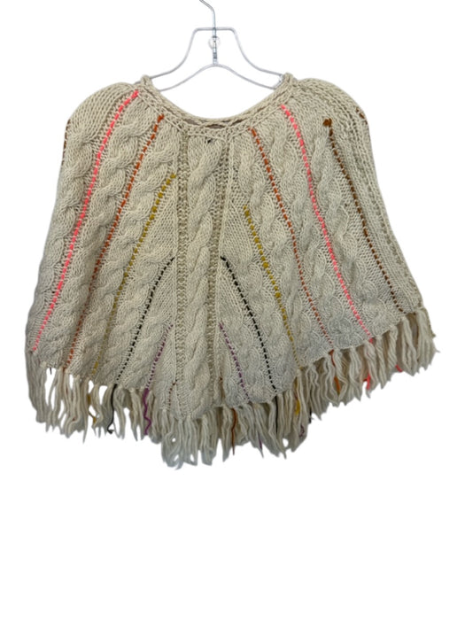Veroalfie Size One Size Cream & Orange Wool Knit Beaded Fringe Poncho Sweater Cream & Orange / One Size