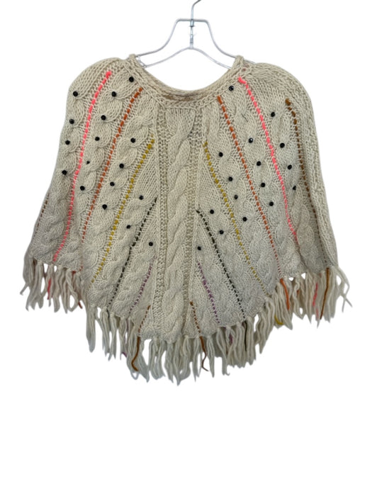 Veroalfie Size One Size Cream & Orange Wool Knit Beaded Fringe Poncho Sweater Cream & Orange / One Size