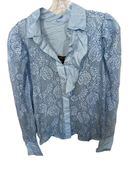 Veroalfie Size 1/S Baby Blue Lace Long Balloon Sleeve Ruffles Button Down Top Baby Blue / 1/S
