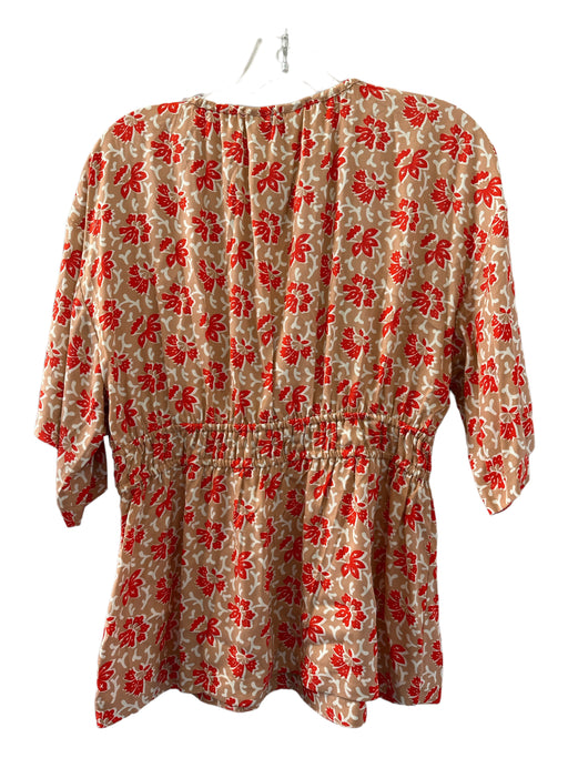 Joie Size L Tan & Red Viscose Short Sleeve Flowers Elastic Waist Top Tan & Red / L