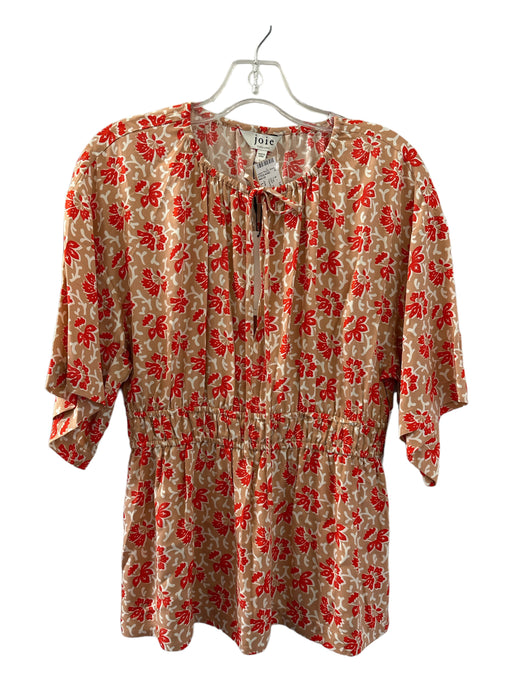 Joie Size L Tan & Red Viscose Short Sleeve Flowers Elastic Waist Top Tan & Red / L
