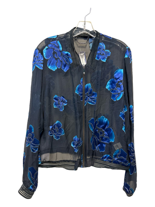 Elie Tahari Size L Black & Blue Viscose Blend Sheer Flowers Full Zip Jacket Black & Blue / L