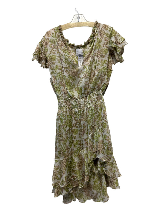 Misa Size L Green & Tan Polyester Flutter Sleeves Flowers Elastic Waist Dress Green & Tan / L