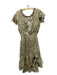 Misa Size L Green & Tan Polyester Flutter Sleeves Flowers Elastic Waist Dress Green & Tan / L