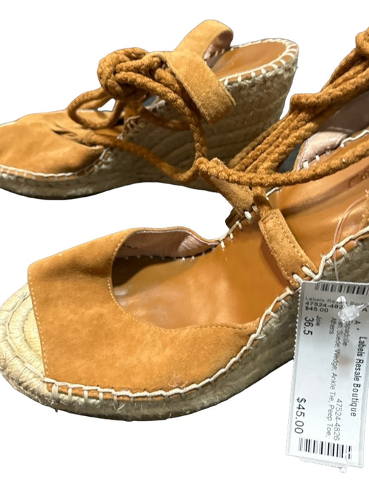 Joie Shoe Size 36.5 Tan Suede Wedge Ankle Tie Peep Toe Espadrille Tan / 36.5
