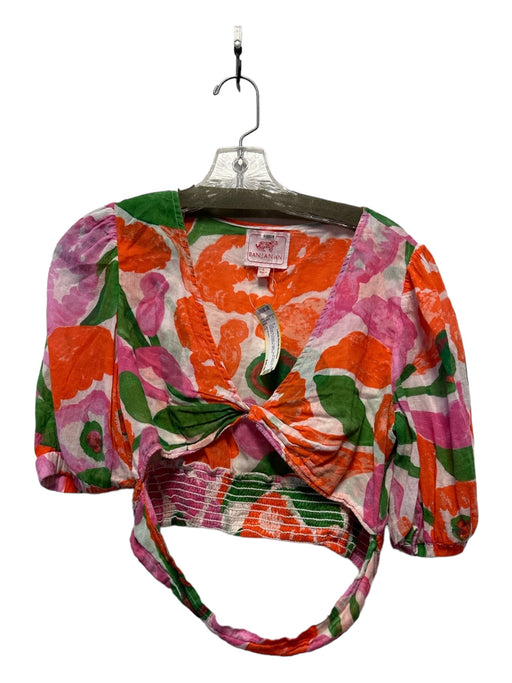 Banjanan Size L Orange & Green Cotton Short Sleeve Flowers Cropped Top Orange & Green / L