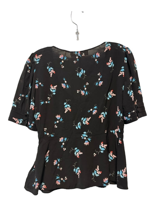 Diane Von Furstenberg Size M Black & Blue Silk Short Sleeve Flowers Top Black & Blue / M