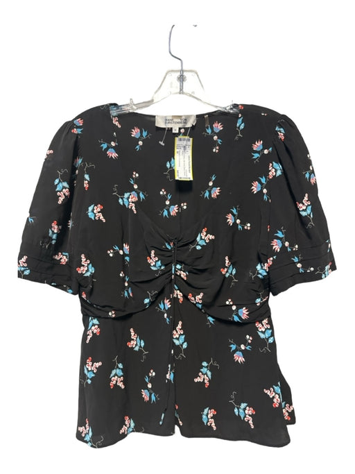 Diane Von Furstenberg Size M Black & Blue Silk Short Sleeve Flowers Top Black & Blue / M