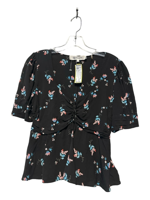 Diane Von Furstenberg Size M Black & Blue Silk Short Sleeve Flowers Top Black & Blue / M