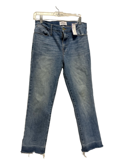 Frame Size est 28 Med Dark Wash Cotton High Rise Straight Leg Raw Hem Jeans Med Dark Wash / est 28