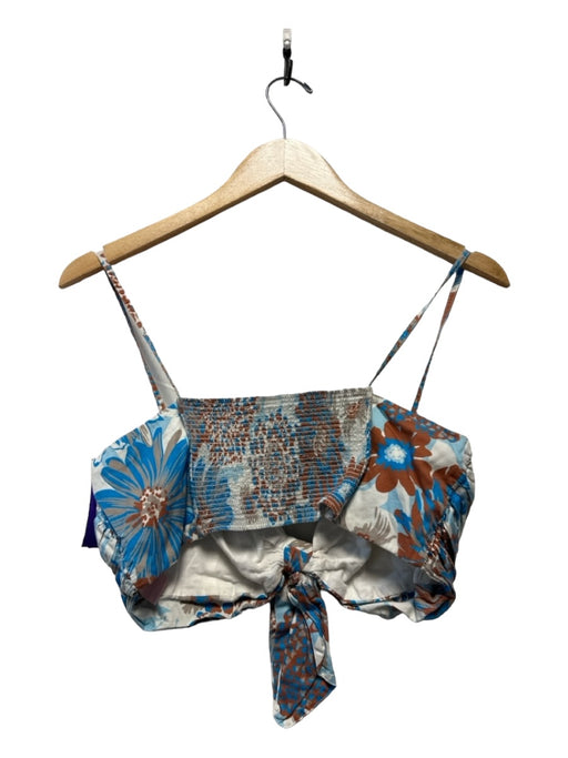 AMUR Size L Blue & Brown Organic Cotton Spaghetti Strap Flowers Cropped Top Blue & Brown / L