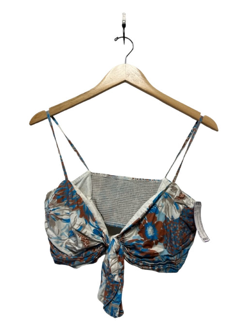 AMUR Size L Blue & Brown Organic Cotton Spaghetti Strap Flowers Cropped Top Blue & Brown / L