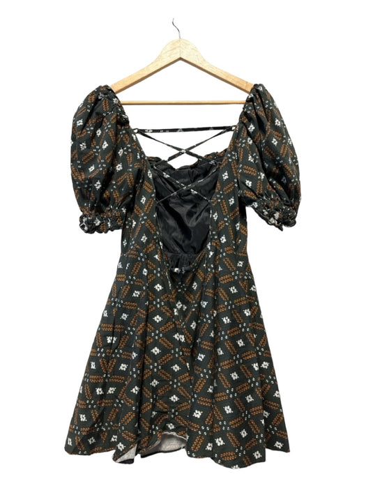 Autumn Adeigbo Size 10 Black & Brown Cotton Blend Short Balloon Sleeve Dress Black & Brown / 10