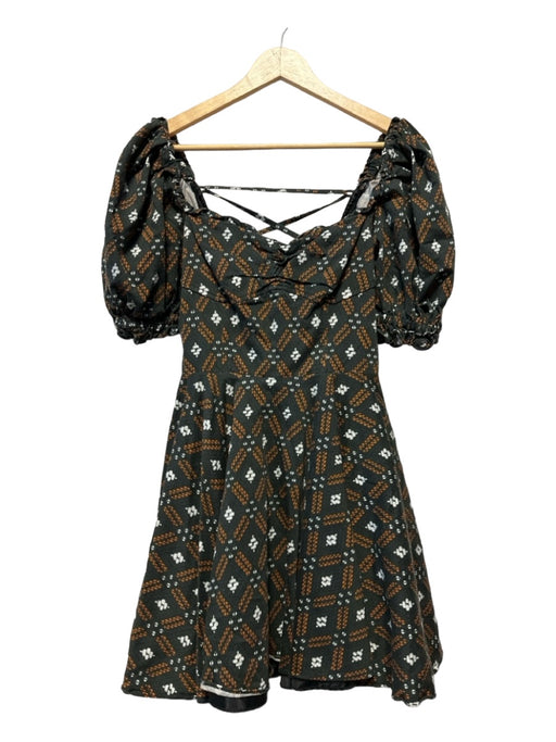 Autumn Adeigbo Size 10 Black & Brown Cotton Blend Short Balloon Sleeve Dress Black & Brown / 10