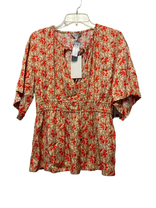 Joie Size L Tan & Red Viscose Short Sleeve Flowers Top Tan & Red / L