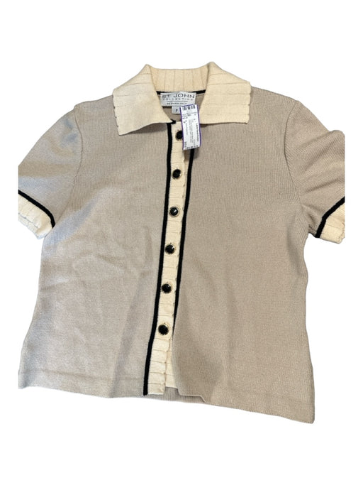 St. John Collection Size P Taupe & Cream Wool Blend Short Sleeve Button Down Top Taupe & Cream / P