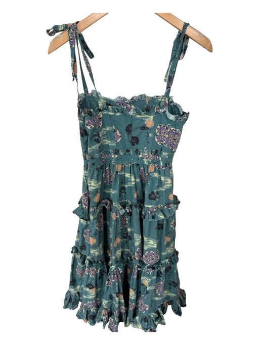 Ulla Johnson Size Est S Teal & Purple Cotton Tie Straps Botanical Maxi Dress Teal & Purple / Est S