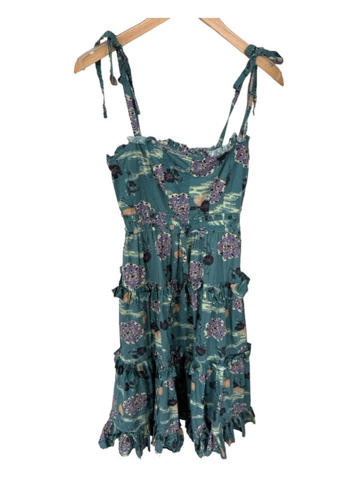 Ulla Johnson Size Est S Teal & Purple Cotton Tie Straps Botanical Maxi Dress Teal & Purple / Est S