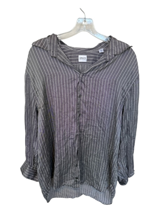 Armani Collezioni Size XL Gray & White Silk Long Sleeve Striped Button Down Top Gray & White / XL