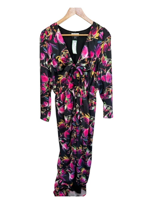 Delfi Collective Size L Black & Pink Long Sleeve Botanical Front Tie Maxi Dress Black & Pink / L