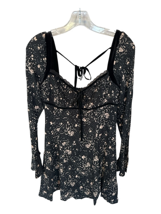 Free People Size S Black & Tan Viscose Long Sleeve Floral Back Tie Dress Black & Tan / S