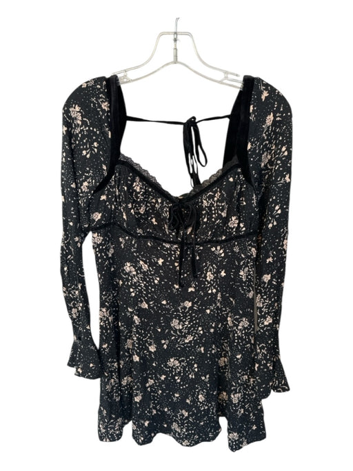 Free People Size M Black & Tan Viscose Long Sleeve Floral Back Tie Dress Black & Tan / M