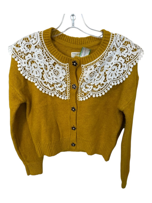 Maeve Size XS Mustard & White Acrylic Blend Lace Bib Buttons Knit Sweater Mustard & White / XS