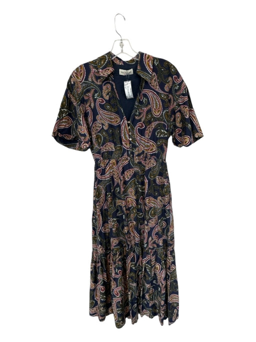 Nicholas Size 10 Navy & Brown Cotton & Silk Short Sleeve Paisley Buttons Dress Navy & Brown / 10