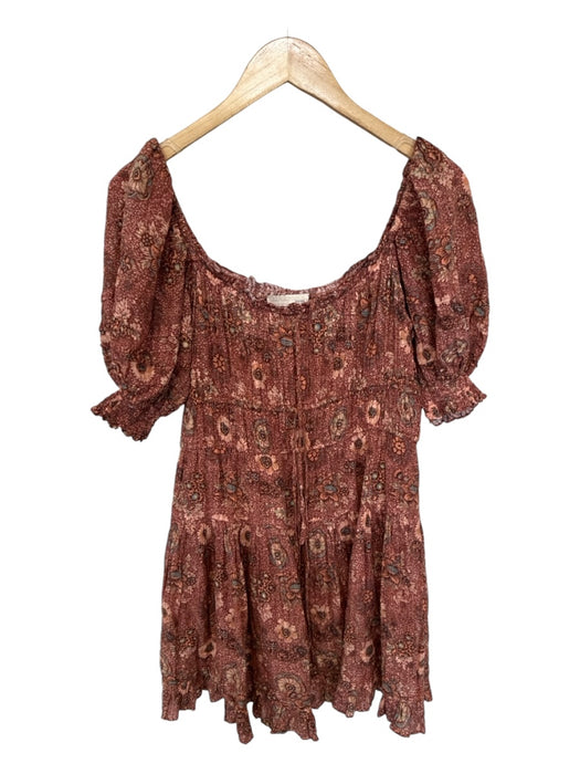 Ulla Johnson Size 4 Maroon & Cream Cotton Blend Short Balloon Sleeve Dress Maroon & Cream / 4