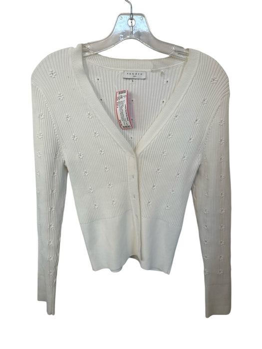 Sandro Size Est S White Viscose Blend Long Sleeve Ribbed Flowers Cardigan White / Est S