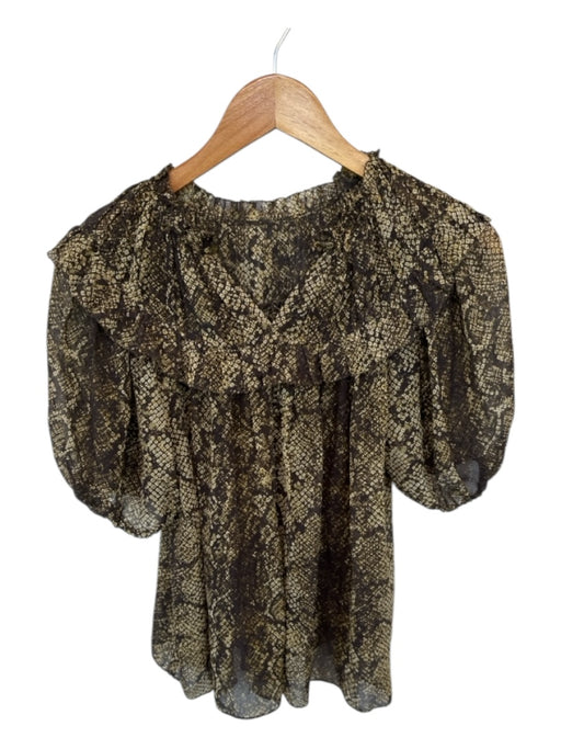 Ulla Johnson Size Est S Brown & Green Silk Short Sleeve Snake Print Top Brown & Green / Est S