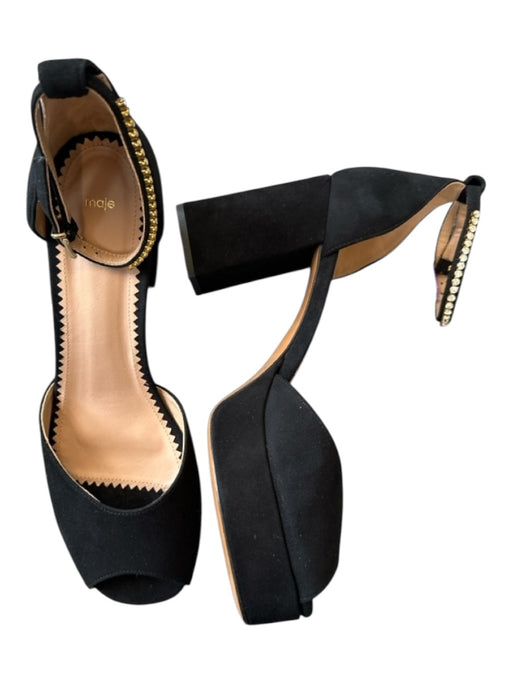 Maje Shoe Size 41 Black & Gold Suede Platform Rhinestone Block Heel Sandals Black & Gold / 41