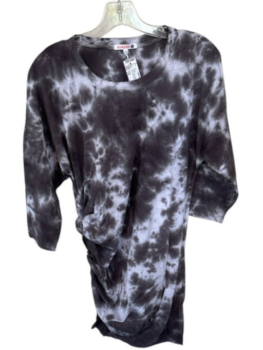 Sundry Size 1/S Gray & White Cotton Long Sleeve Tie Detail Gathered Sides Dress Gray & White / 1/S