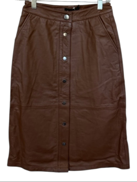 Deadwood Size 38 Brown Leather Front Pockets Snap buttons A Line Midi Skirt Brown / 38