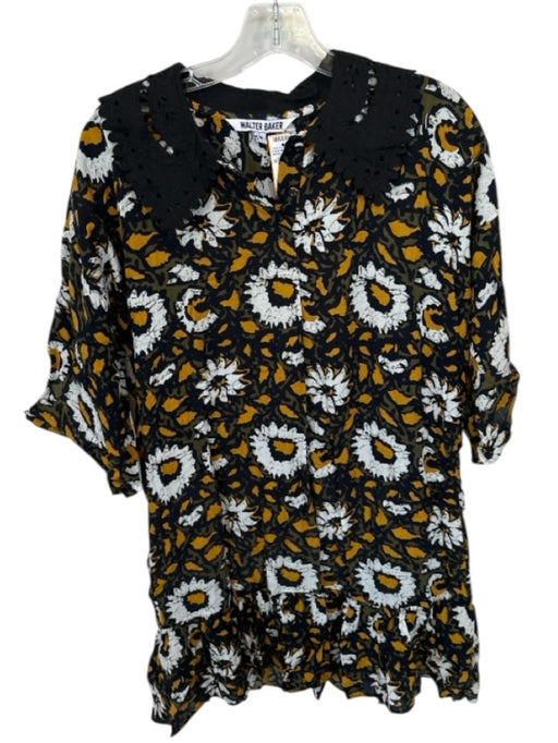 Walter Baker Size M Black & Green Long Sleeve Flowers Bib Dress Black & Green / M