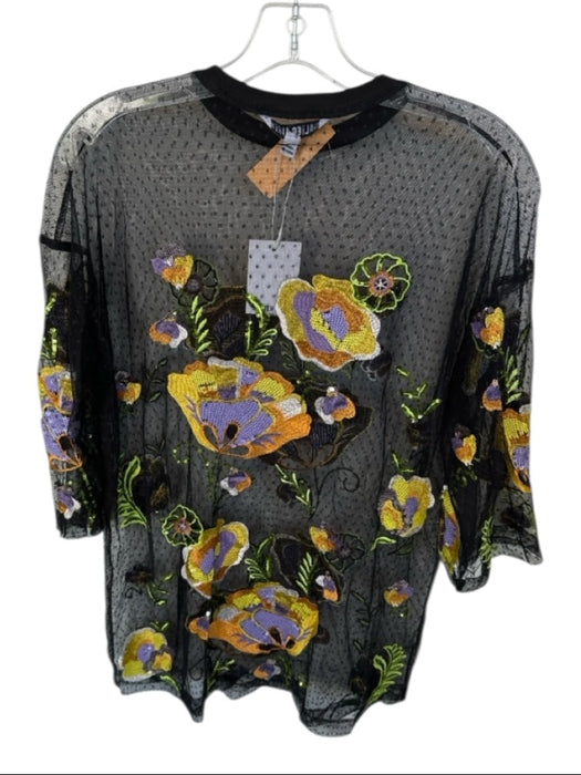 Walter Baker Size S Black & Multi Mesh Short Sleeve Embroider Detailing Top Black & Multi / S