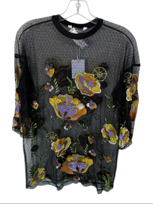 Walter Baker Size S Black & Multi Mesh Short Sleeve Embroider Detailing Top Black & Multi / S