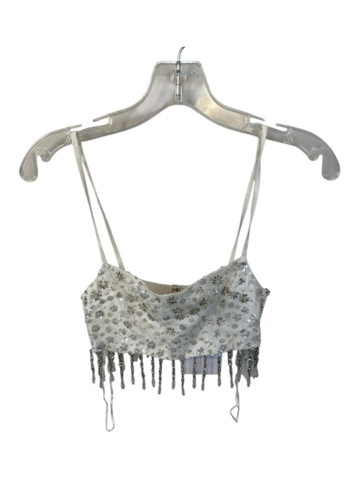 Ceilonia Size S White & Silver Rhinestone Sequins Spaghetti Strap Cropped Top White & Silver / S