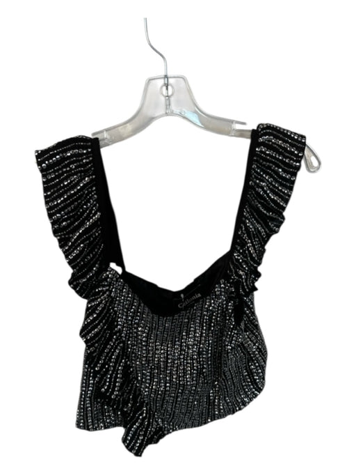 Ceilonia Size Est S Black & Silver Sequin Flutter Sleeves Beaded Cropped Top Black & Silver / Est S