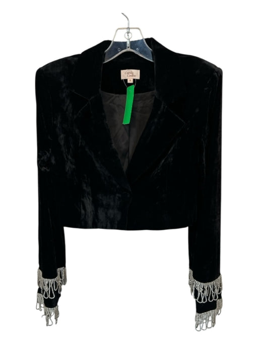 Camila Coelho Size S Black & Silver Velvet Rhinestones Cropped One Button Jacket Black & Silver / S