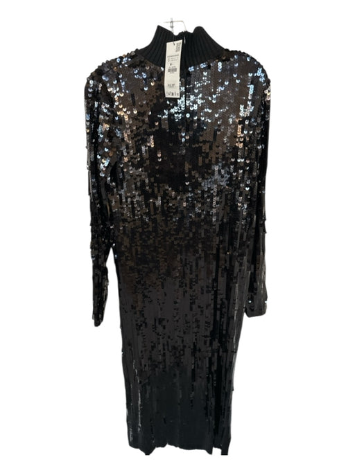 Zara Size S Black Sequin Long Sleeve Mock Neck Back Zip Maxi Dress Black / S
