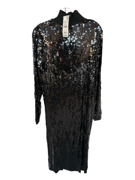 Zara Size S Black Sequin Long Sleeve Mock Neck Back Zip Maxi Dress Black / S