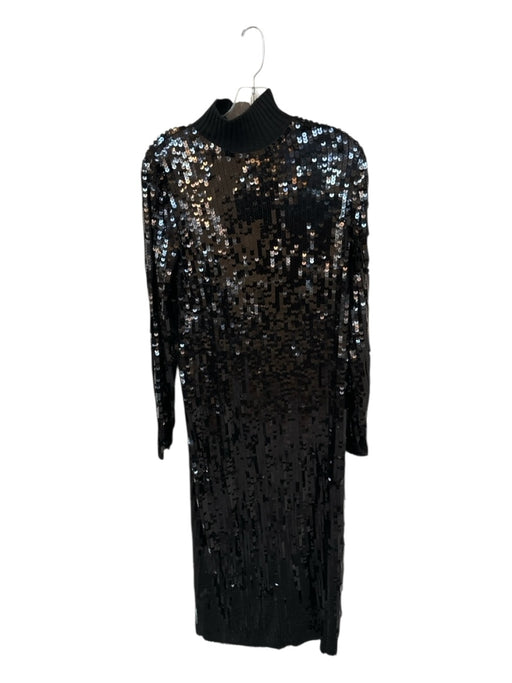Zara Size S Black Sequin Long Sleeve Mock Neck Back Zip Maxi Dress Black / S
