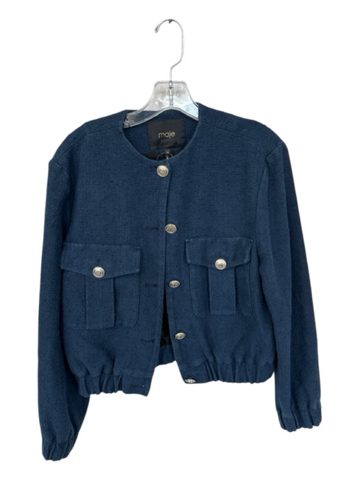 Maje Size 36 Navy Cotton Textured Buttons Elastic Waist Jacket Navy / 36