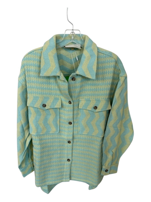 Summery Size S Aqua & Yellow Cotton Long Sleeve Chevron Buttons Shacket Jacket Aqua & Yellow / S