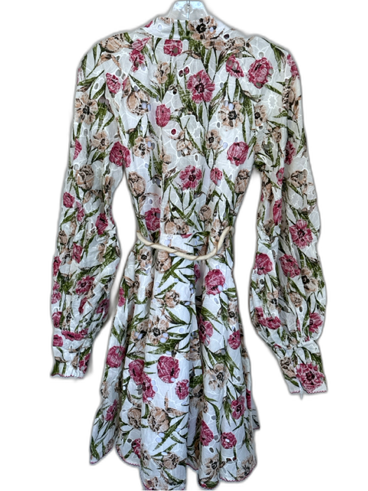 Lalibela Size XS Green & Red Cotton Long Balloon Sleeve Flowers eyelet Dress Green & Red / XS