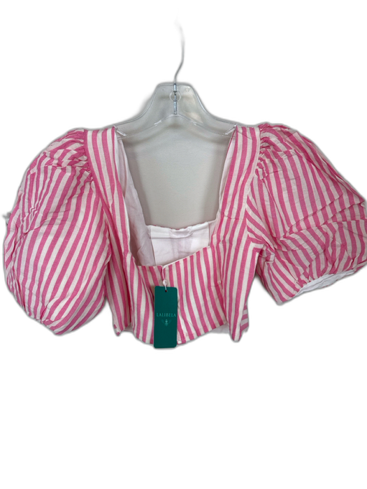 Lalibela Size S Pink & White Cotton Blend 3/4 Balloon Sleeve Striped Cropped Top Pink & White / S