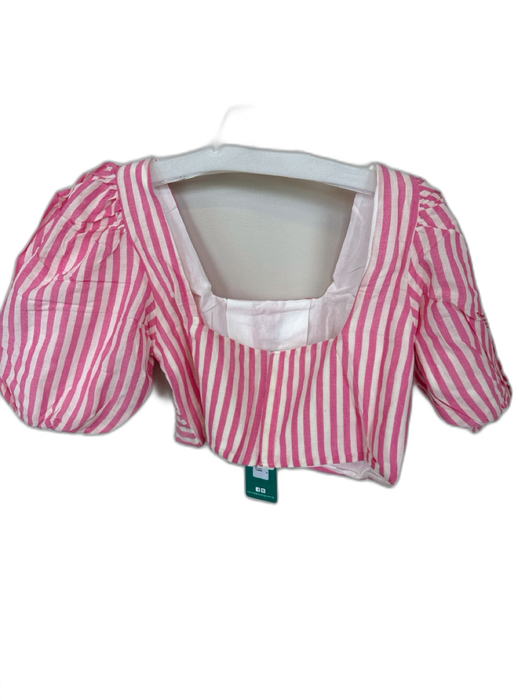 Lalibela Size S Pink & White Cotton Blend 3/4 Balloon Sleeve Striped Cropped Top Pink & White / S