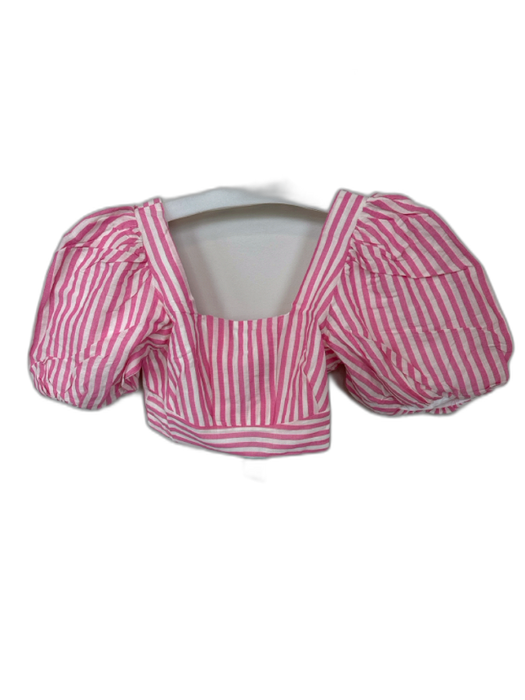 Lalibela Size S Pink & White Cotton Blend 3/4 Balloon Sleeve Striped Cropped Top Pink & White / S